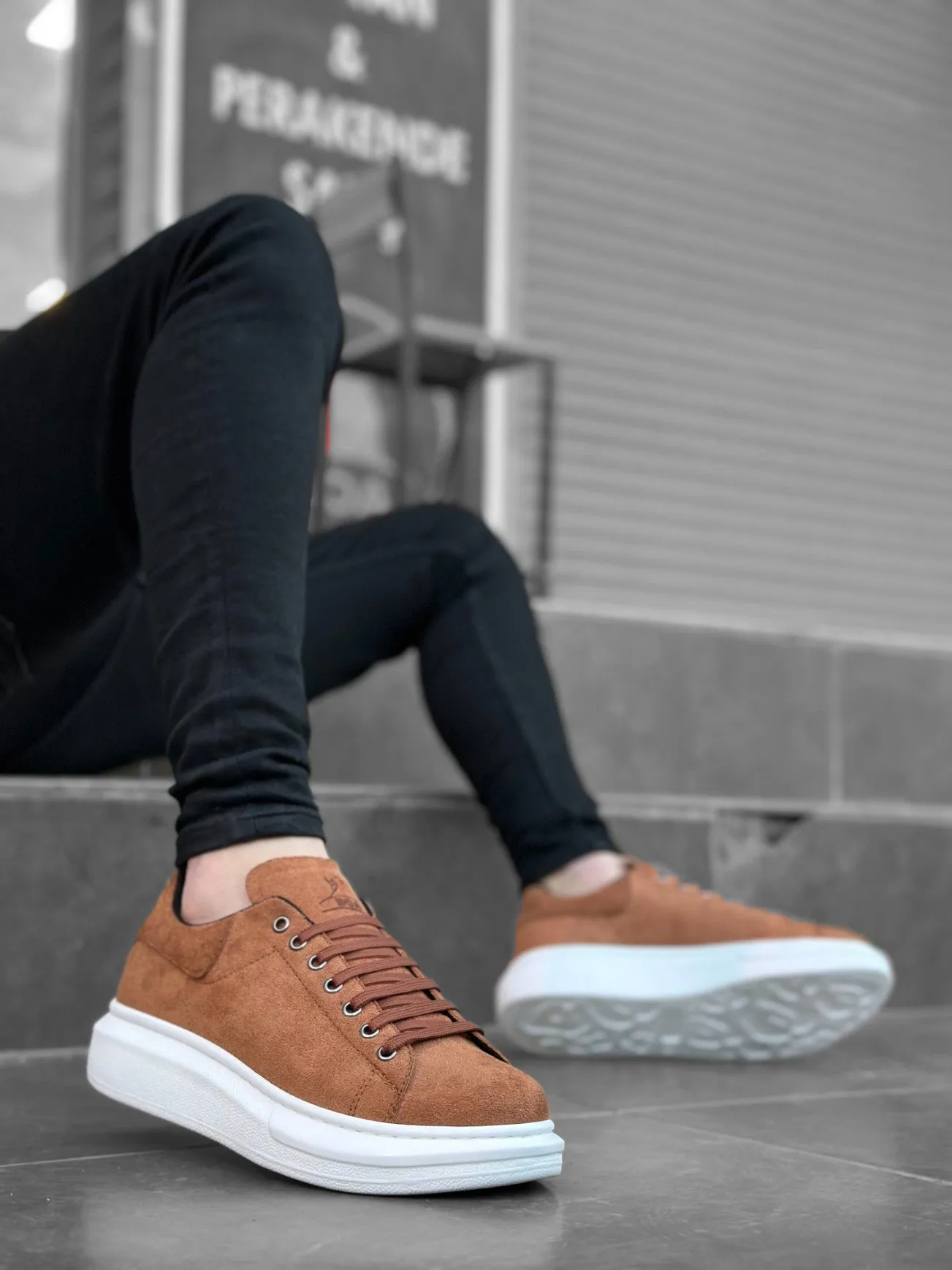 BA0547 Thick High Sole Tan Suede Lace-up Sports Men's Sneakers Shoes