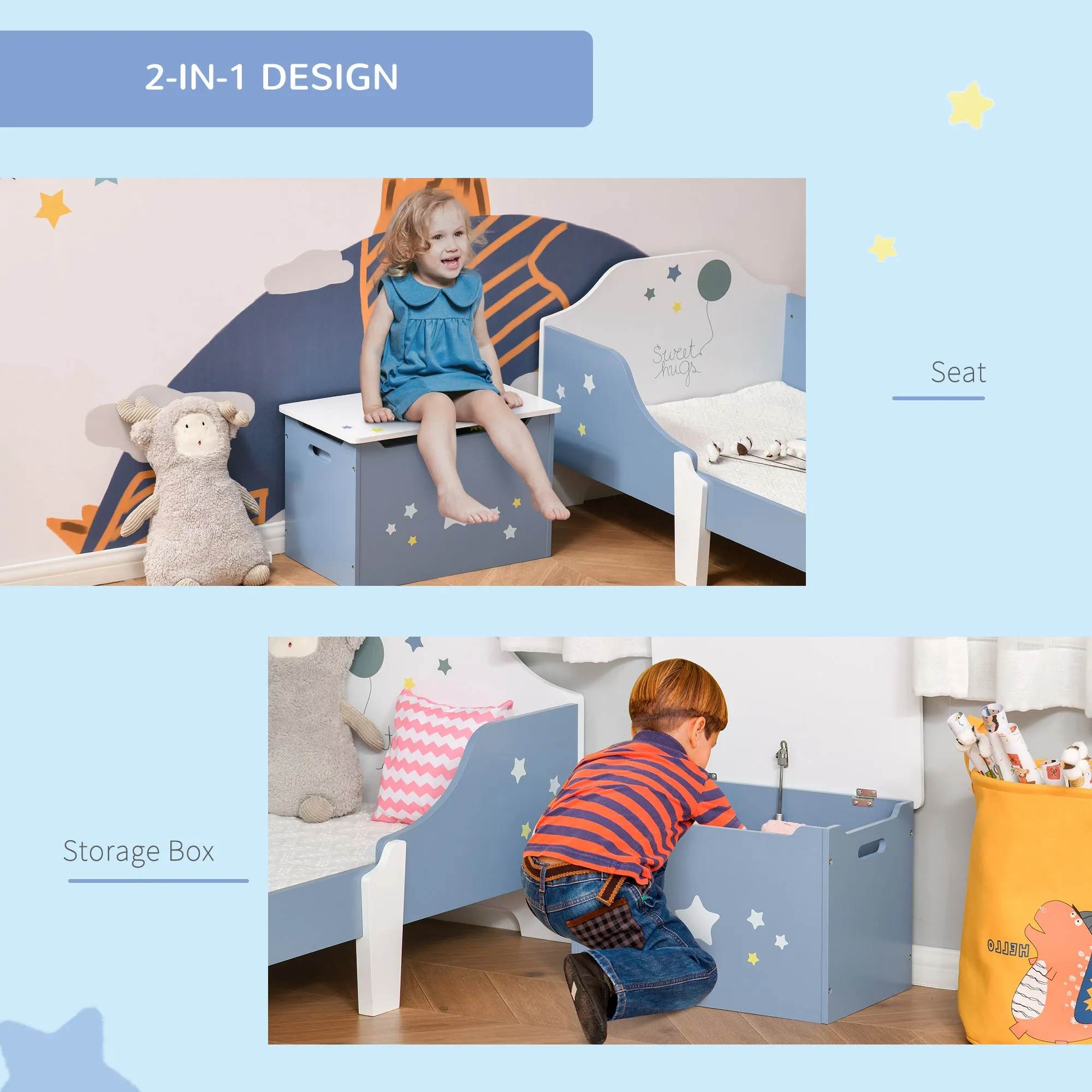 Kids Wooden Toy Box Children Storage Chest Organiser Side Handle Safety Hinge Play Room Furniture Blue