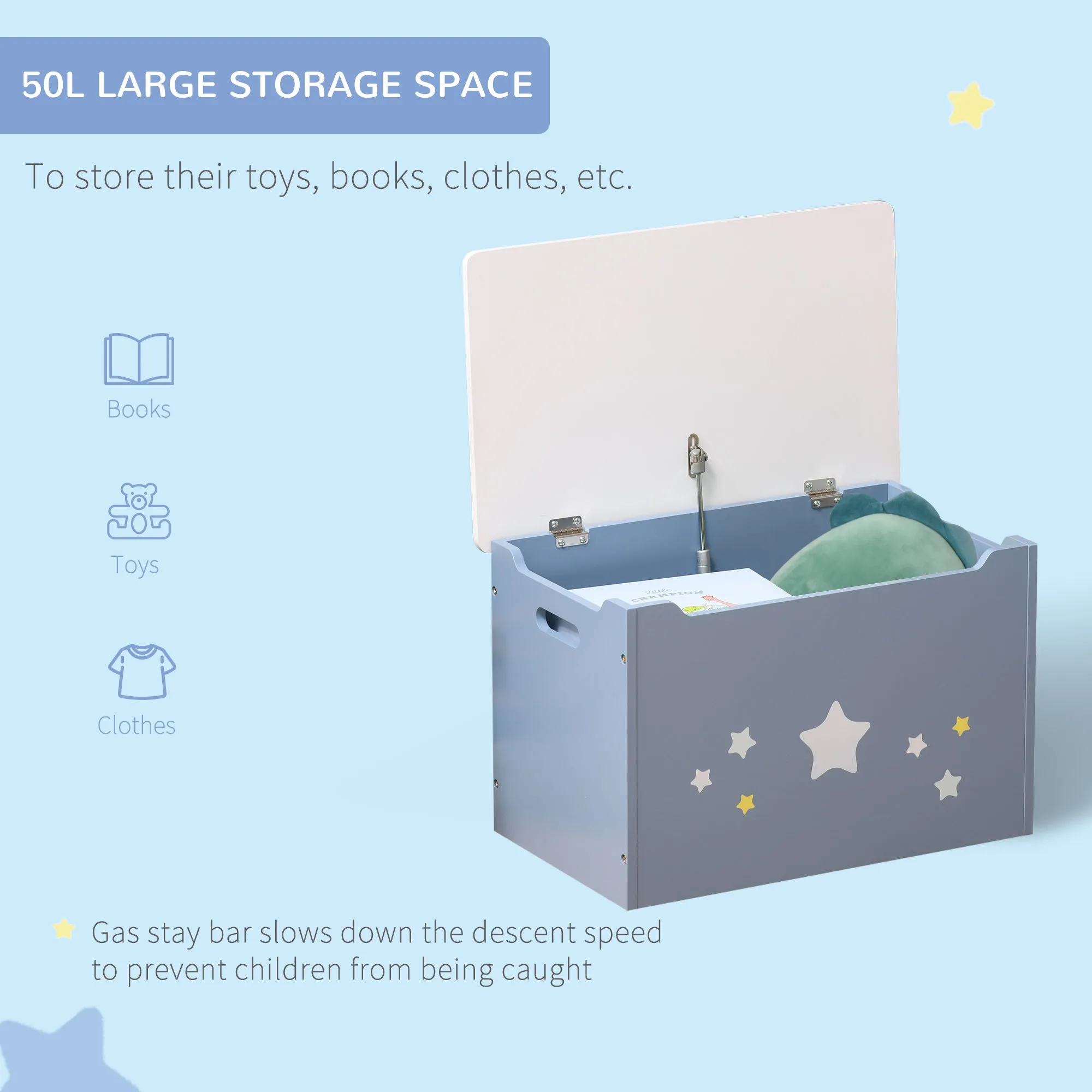 Kids Wooden Toy Box Children Storage Chest Organiser Side Handle Safety Hinge Play Room Furniture Blue