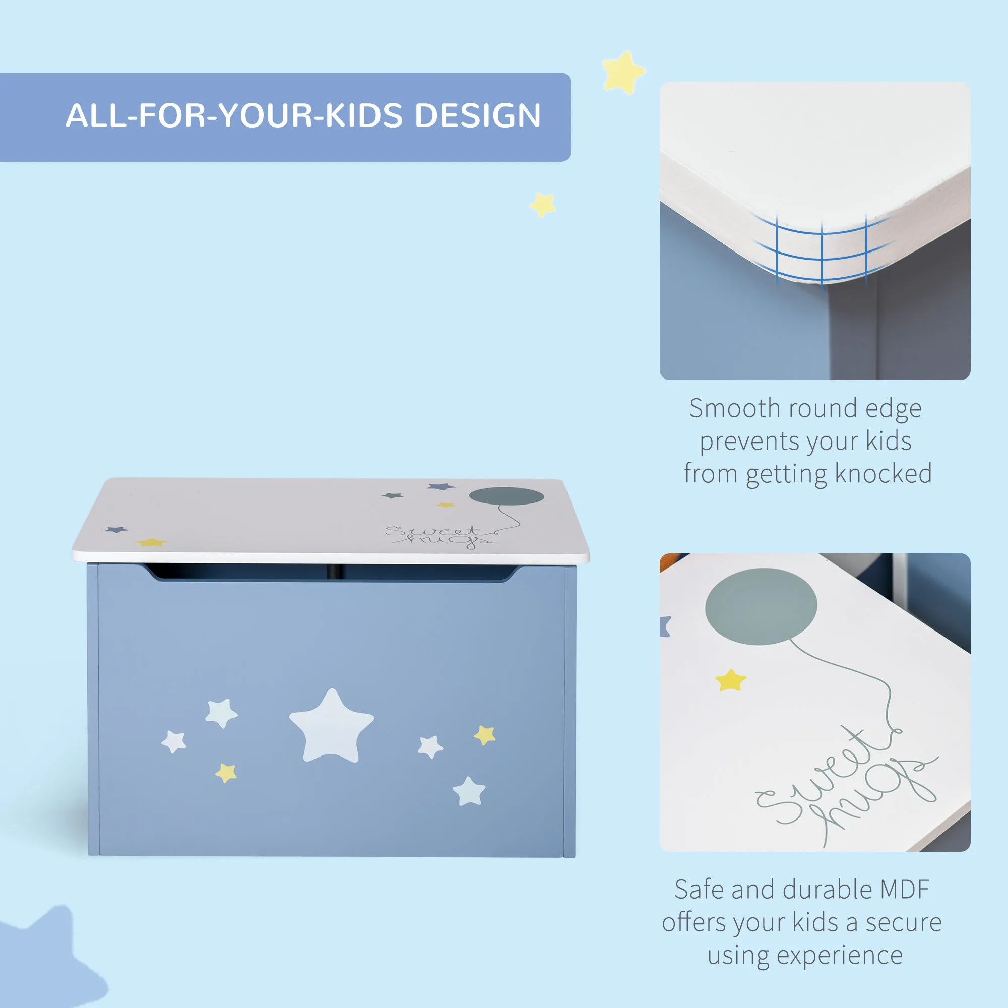 Kids Wooden Toy Box Children Storage Chest Organiser Side Handle Safety Hinge Play Room Furniture Blue