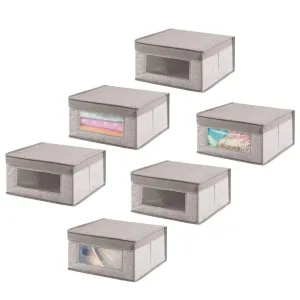 mDesign Soft Stackable Fabric Closet Storage Organizer Holder Bin with Clear Window, Attached Hinged Lid - for Bedroom, Hallway, Entryway, Bathroom - Textured Print - Medium, 6 Pack - Linen/Tan