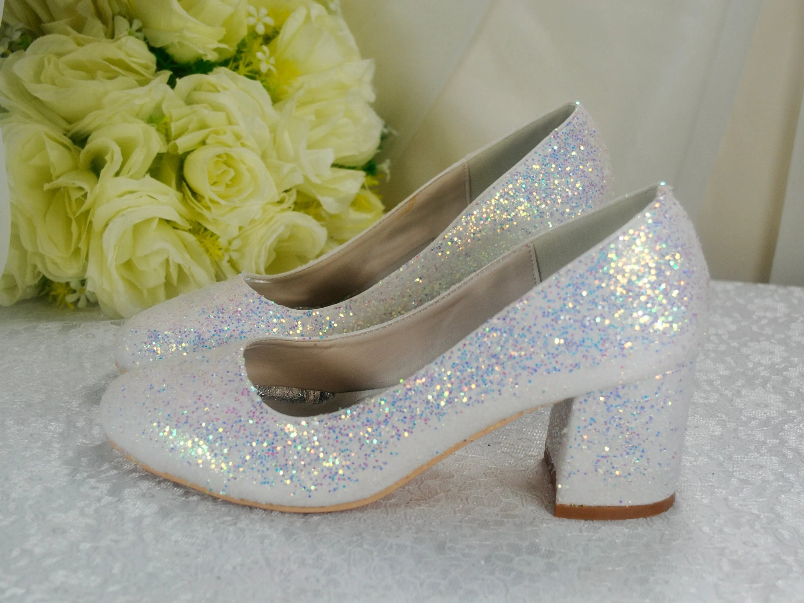 White Sparkling Glitter Wedding Block Heels Bridal Shoes - Size UK5 / US7.5